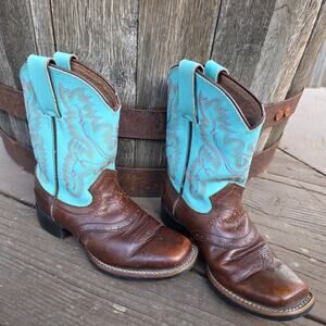 Justin Turquoise Brown Leather Country Western Boots Square Toe SZ 10 Rodeo